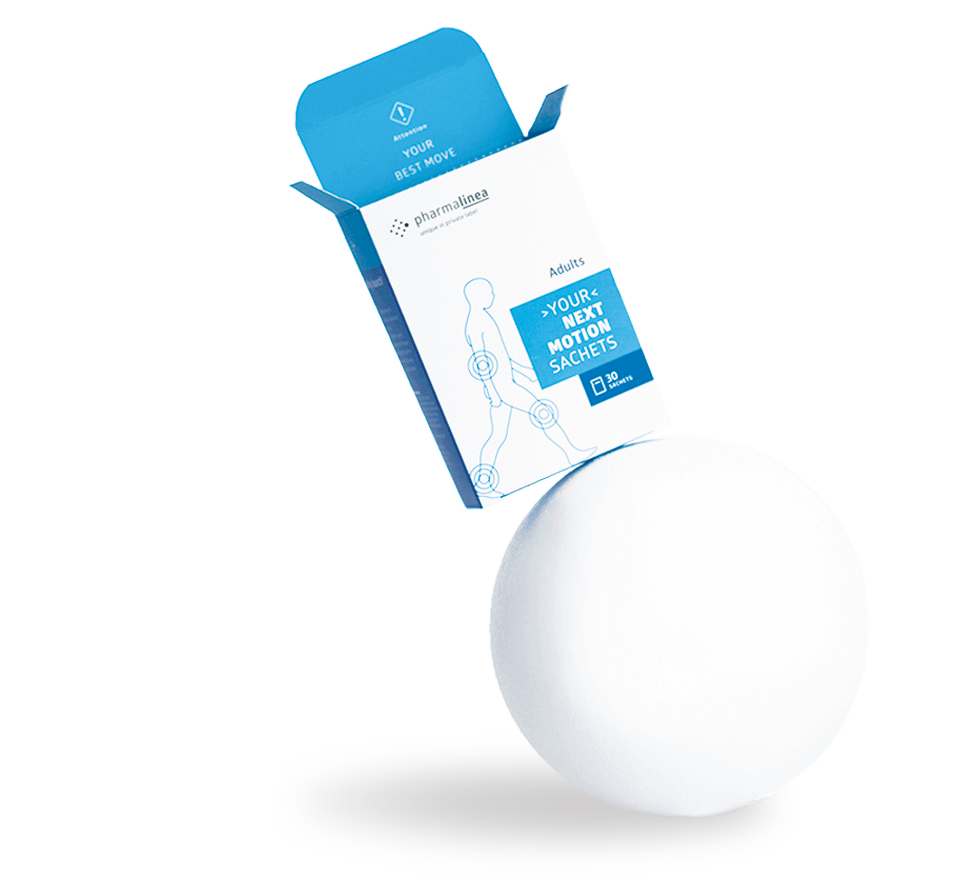 private label supplement next motion sachets on white ball